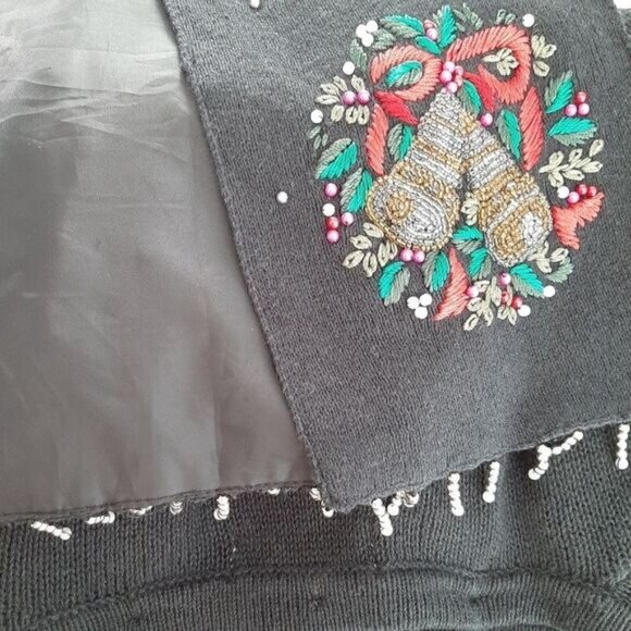 WHITE STAG Vintage Embroidery & Bead Work Christmas Bells Cardigan Sweater Sz XL - Picture 14 of 16